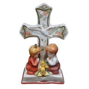 Ceramic Cross with Children Praying Christian Art Decor Gift